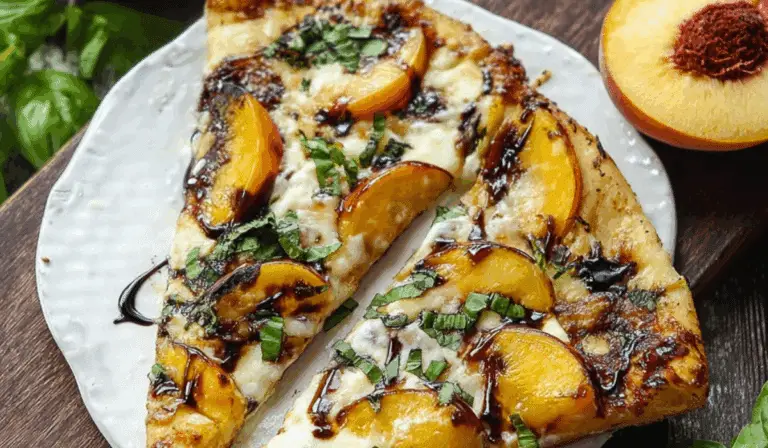 Peach and Basil Naan Bread Pizza topped with fresh basil, peaches, and balsamic glaze