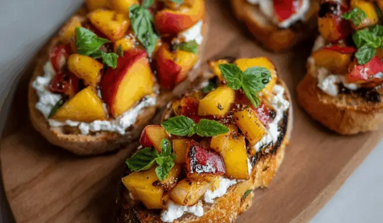 Close-up of Peach Bruschetta with Whipped Ricotta topped with fresh peaches and basil