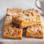 peaches and cream crumble bars stacked and sliced