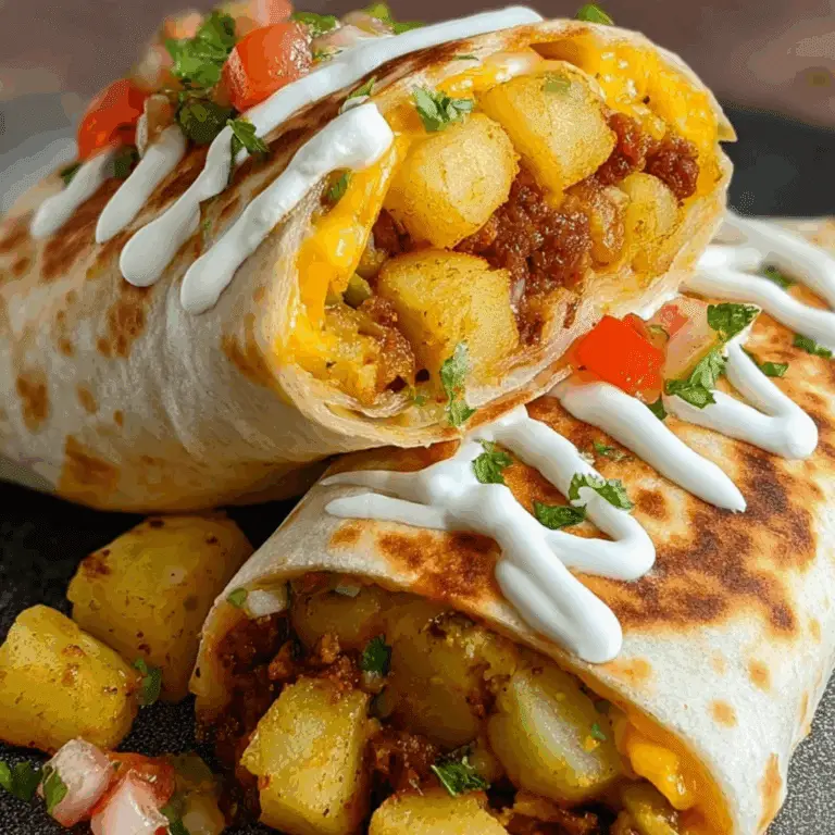Cheesy potato burritos with chorizo, topped with sour cream and pico de gallo