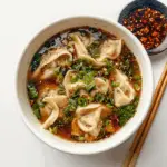 Potsticker soup with vegetables and chili oil in white bowl