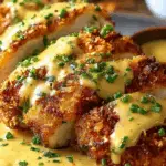 Pretzel Chicken with Mustard-Cheddar Sauce topped with creamy cheddar-mustard sauce