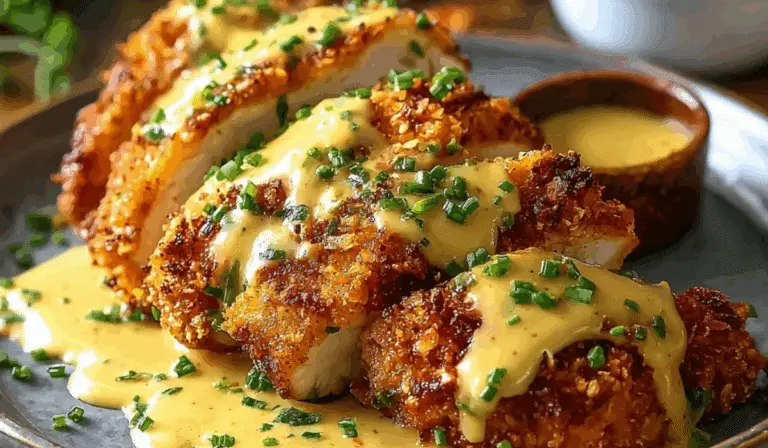 Pretzel Chicken with Mustard-Cheddar Sauce topped with creamy cheddar-mustard sauce