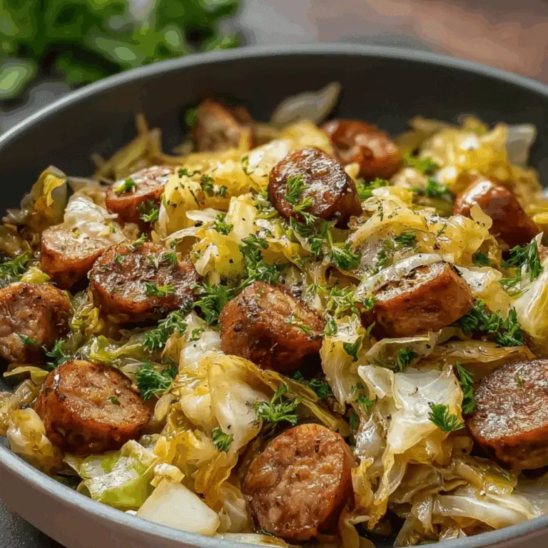 Sausage and cabbage stir fry served in a bowl with herbs