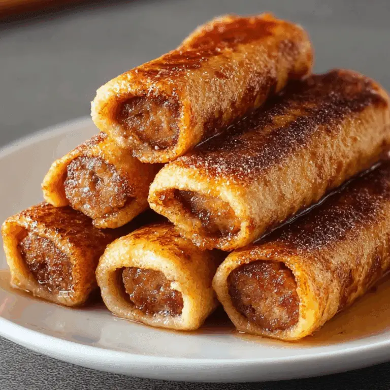 Sausage French toast roll-ups stacked on a white plate