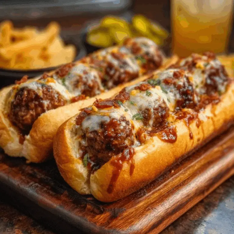 Close-up of bourbon BBQ bacon cheeseburger meatball subs with melted cheese and BBQ glaze in toasted buns