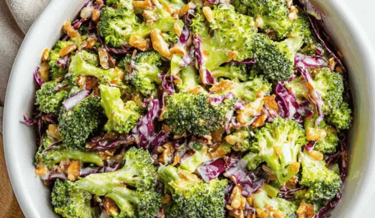 Broccoli Salad with Honey Dijon Dressing in a white bowl