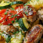Chicken sausages with zucchini, tomatoes, and pasta close-up