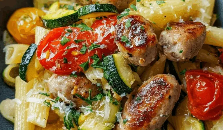 Chicken sausages with zucchini, tomatoes, and pasta close-up