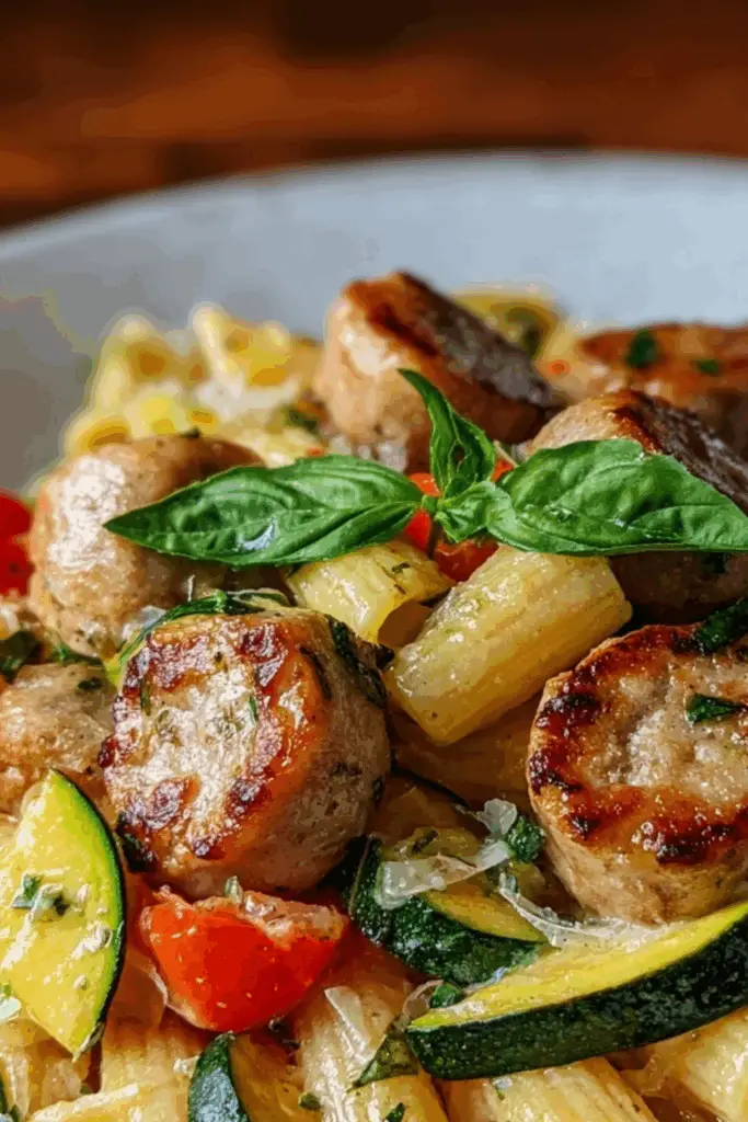 Chicken sausages with zucchini, tomatoes, and pasta close-up