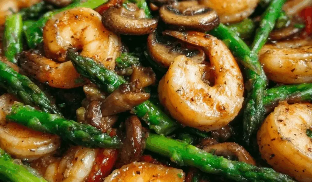 Close-up of Shrimp and Asparagus Stir-Fry with Mushrooms