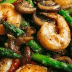Close-up of Shrimp and Asparagus Stir-Fry with Mushrooms