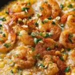 Shrimp and Creamed Corn in a skillet with fresh herbs