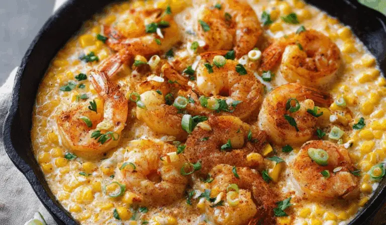 Shrimp and Creamed Corn in a skillet with fresh herbs