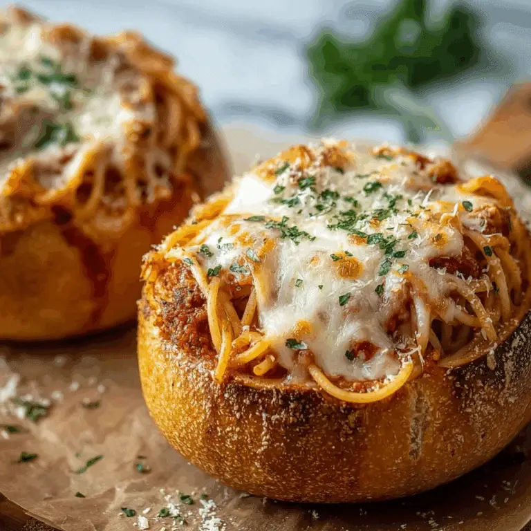 Spaghetti garlic bread bowls topped with melted cheese and parsley