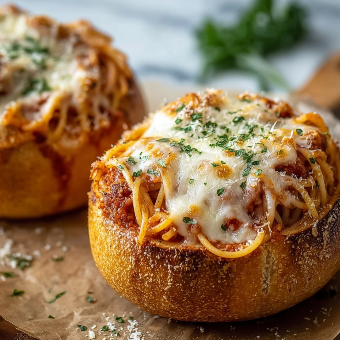 Spaghetti garlic bread bowls topped with melted cheese and parsley