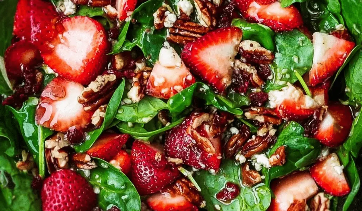 Spinach Strawberry Salad with Pecans close-up