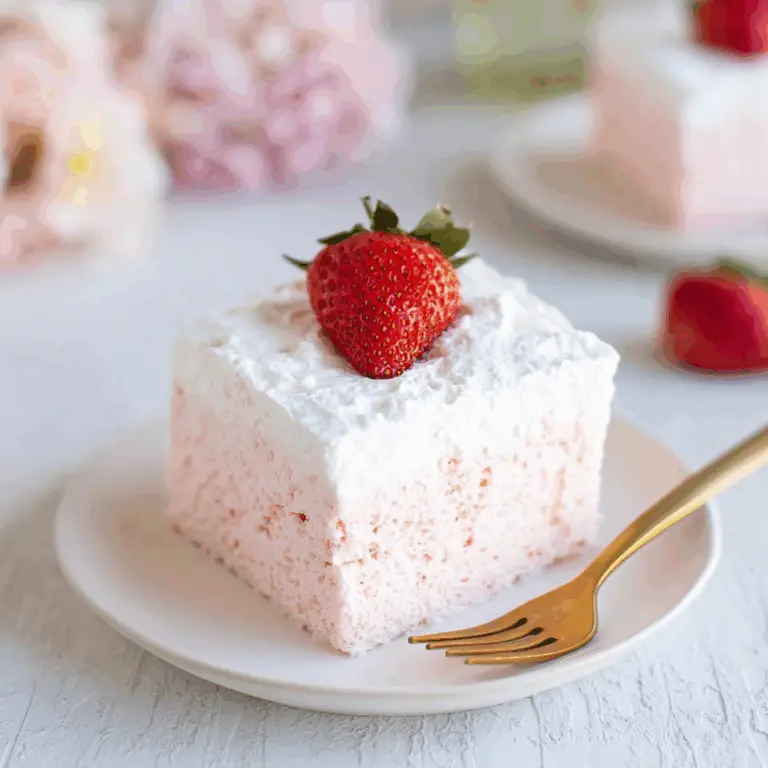 Slice of 3 ingredient no bake strawberry cloud cake topped with whipped cream and a fresh strawberry