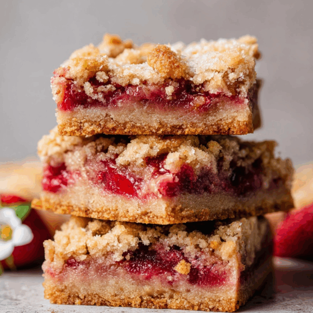 Close-up of stacked strawberry rhubarb crumb bars showing golden crust, juicy fruit layer, and crumb topping