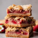 Close-up of stacked strawberry rhubarb crumb bars showing golden crust, juicy fruit layer, and crumb topping