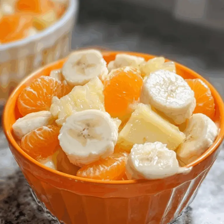 Sunshine Salad with banana, orange, and pineapple in an orange bowl