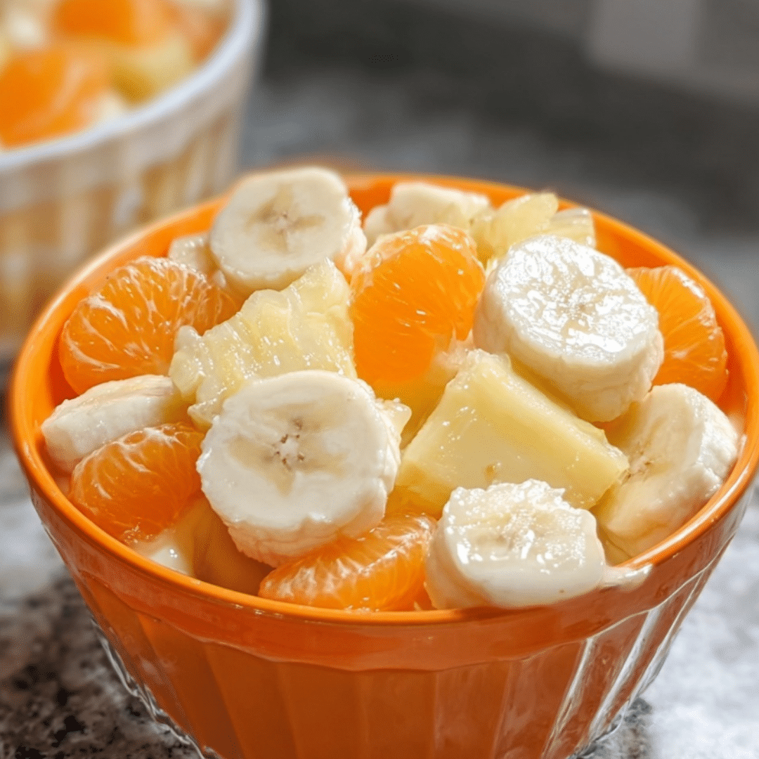 Sunshine Salad with banana, orange, and pineapple in an orange bowl