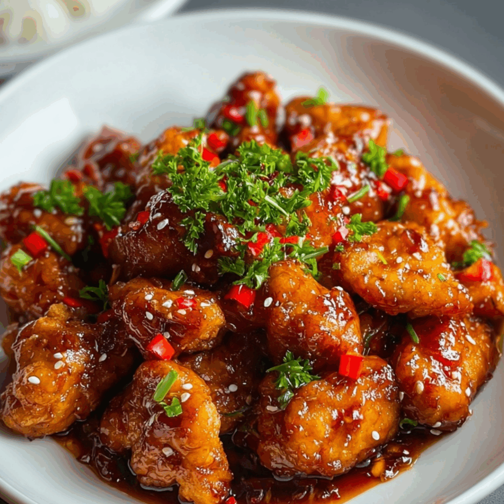 Sweet chili chicken garnished with fresh herbs and red chilies