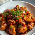 Sweet chili chicken garnished with fresh herbs and red chilies