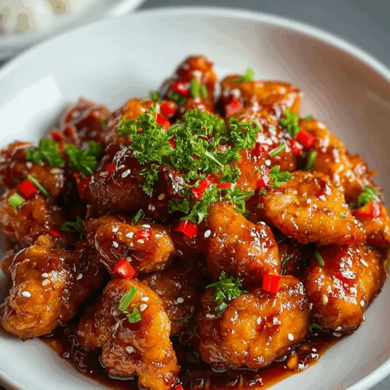 Sweet chili chicken garnished with fresh herbs and red chilies