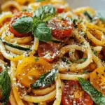 Tomato zucchini pasta with yellow and red cherry tomatoes, fresh basil, and grated cheese