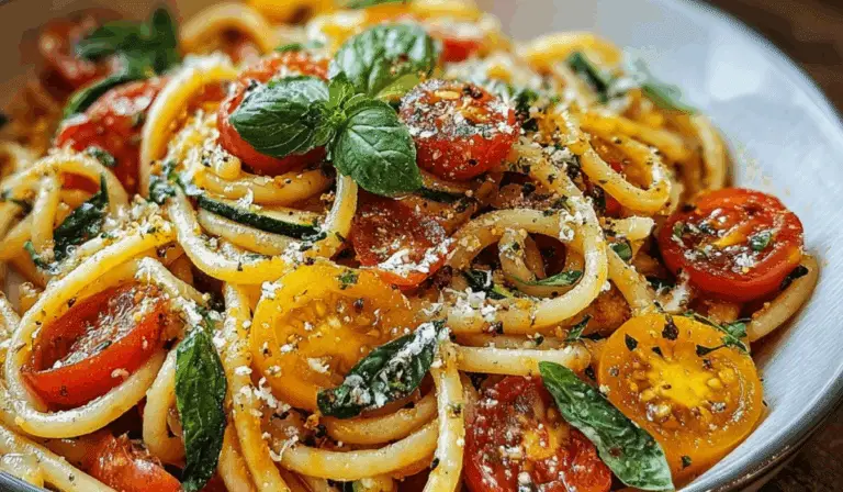 Tomato zucchini pasta with yellow and red cherry tomatoes, fresh basil, and grated cheese