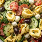 Tortellini Pasta Salad with mozzarella, olives, cucumber, and tomatoes in a white bowl