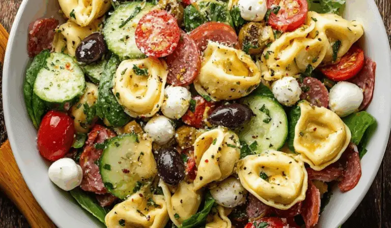 Tortellini Pasta Salad with mozzarella, olives, cucumber, and tomatoes in a white bowl