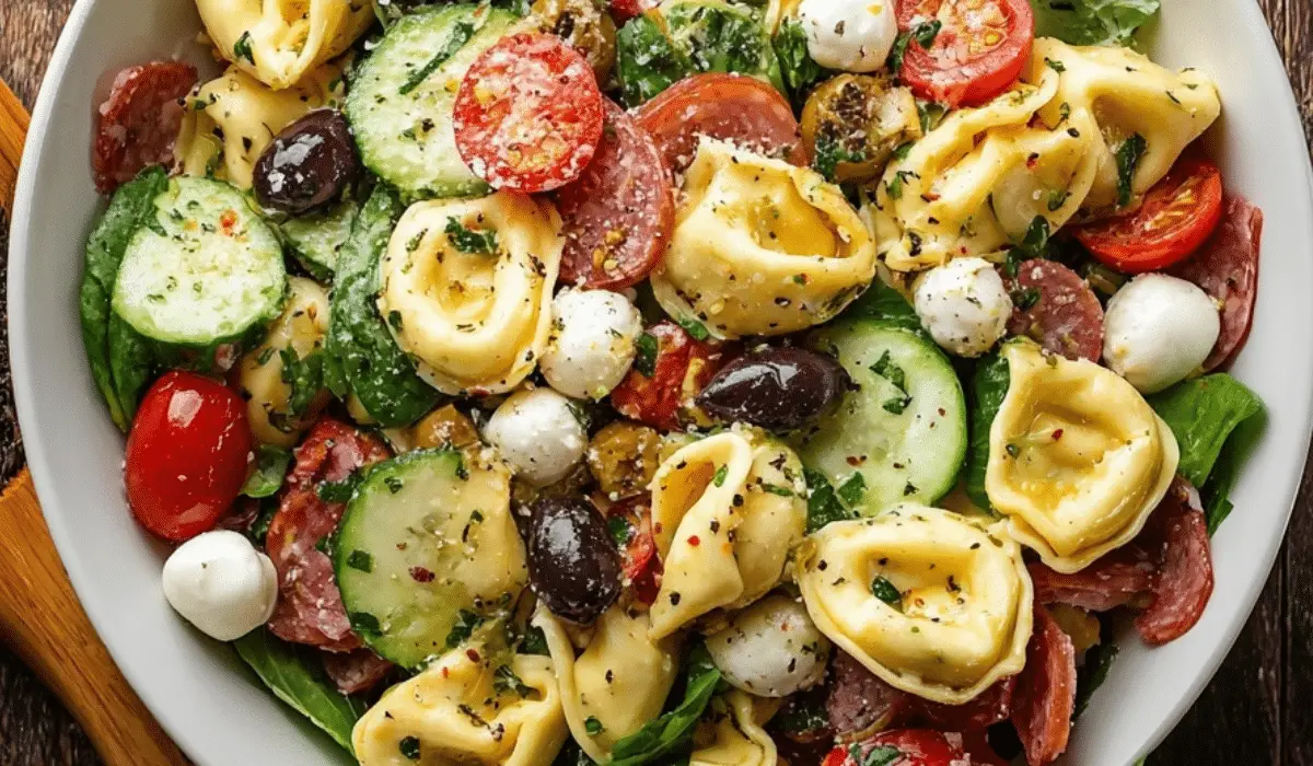 Tortellini Pasta Salad with mozzarella, olives, cucumber, and tomatoes in a white bowl