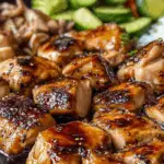 Close-up of Blackstone Griddle Hibachi Chicken with mushrooms and rice