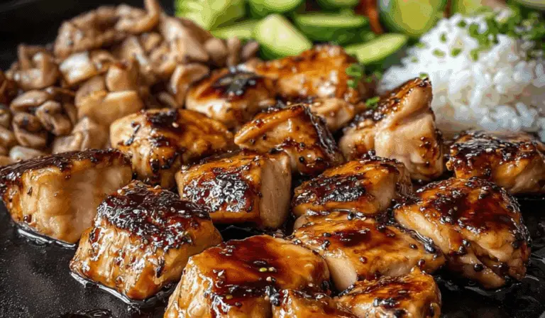 Close-up of Blackstone Griddle Hibachi Chicken with mushrooms and rice