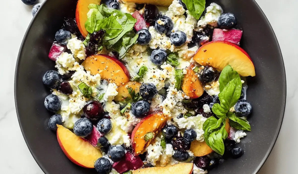Blueberry Peach Feta Salad in a black bowl with fresh basil