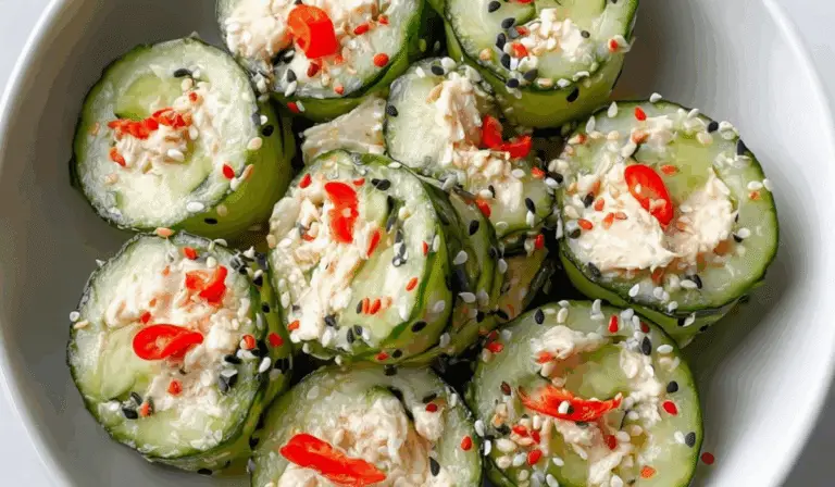Cucumber rolls filled with creamy salad and sprinkled with sesame seeds and red peppers