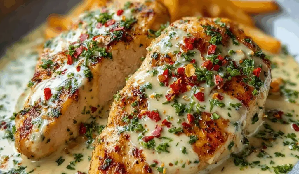 Chicken fillet in spicy, creamy garlic-Parmesan sauce topped with herbs and chili flakes
