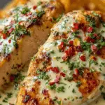 Chicken fillet in spicy, creamy garlic-Parmesan sauce topped with herbs and chili flakes