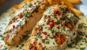 Chicken fillet in spicy, creamy garlic-Parmesan sauce topped with herbs and chili flakes