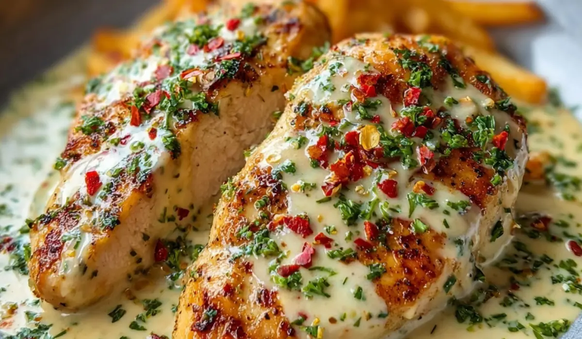 Chicken fillet in spicy, creamy garlic-Parmesan sauce topped with herbs and chili flakes