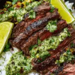 Grilled cilantro lime steak over rice with lime wedges