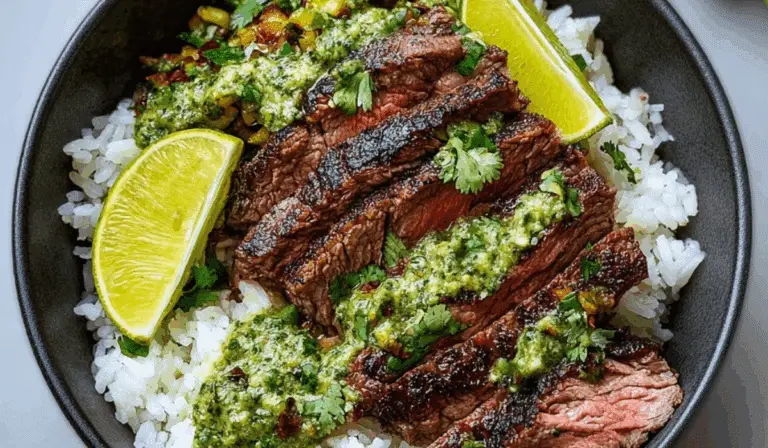 Grilled cilantro lime steak over rice with lime wedges