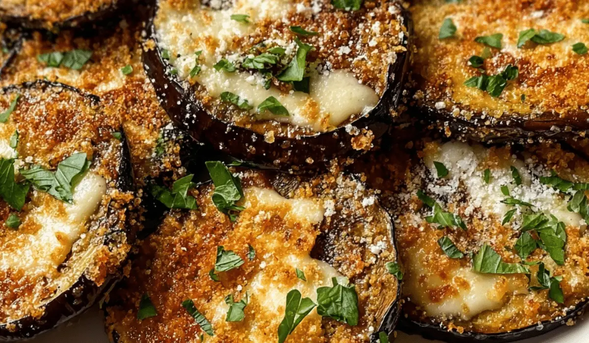 Crispy Baked Eggplant slices topped with golden breadcrumbs and parsley