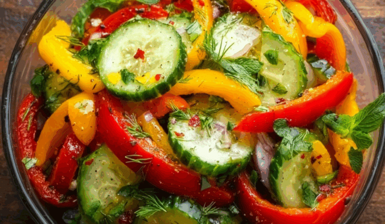 Cucumber Sweet Pepper Salad in a glass bowl