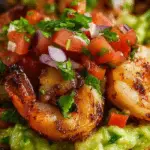 Grilled shrimp tostada with guacamole and fresh pico de gallo