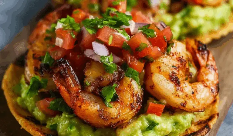 Grilled shrimp tostada with guacamole and fresh pico de gallo