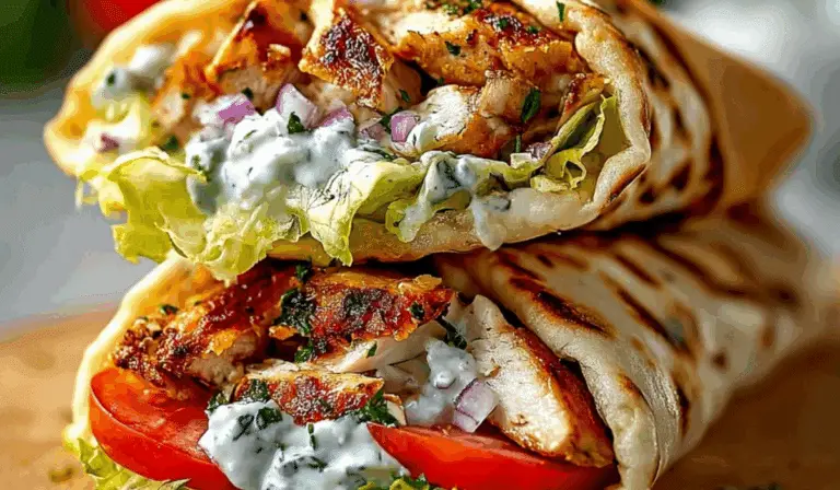 Mediterranean Chicken Gyros wraps with grilled chicken, lettuce, tomato, and tzatziki sauce