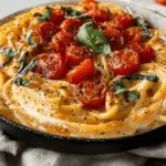 Roasted Tomato and Garlic Ricotta Pasta topped with cherry tomatoes and basil